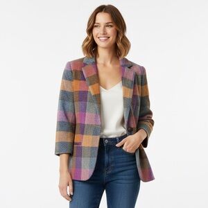 Cabi Herringbone Plaid Wool Blend Happy Blazer Jacket MultiColor Purple Orange 6